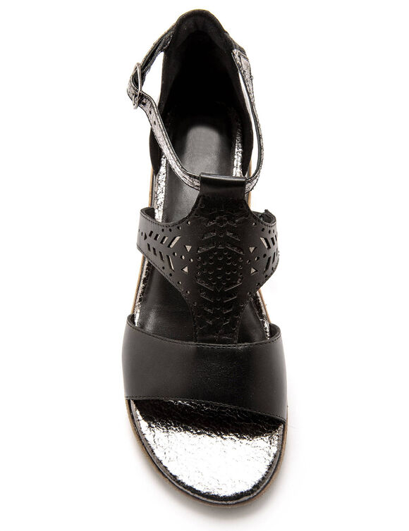 Leren sandalen met ajour en pailletten, extra breed (zwart)