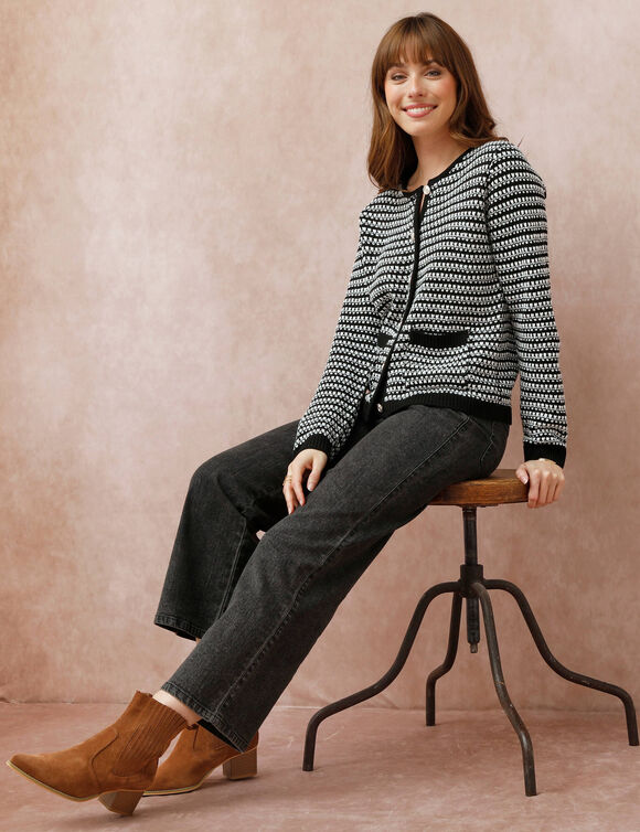 Cardigan maille jacquard bicolore (noir / écru)