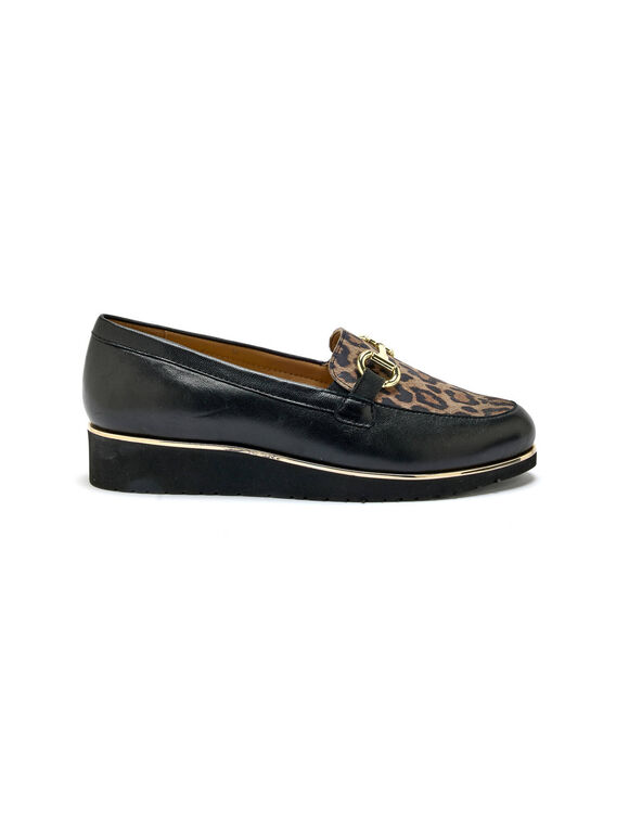 Mocassins compensés à mors en cuir et motif léopard (noir / beige)