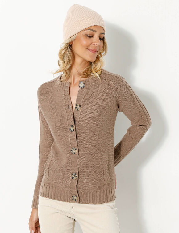 Cardigan boutonn&eacute; maille fantaisie (taupe clair)