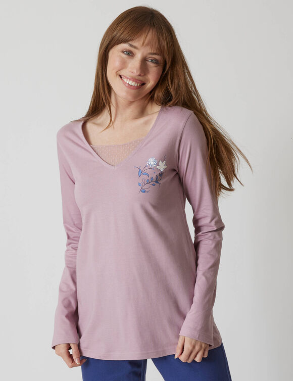 Pyjamashirt met lange mouwen en bloemenmotief (grijsmauve)