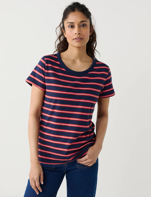 Gestreepte T-shirt van geverfde draden, met ronde hals en korte mouwen (marine / roze)
