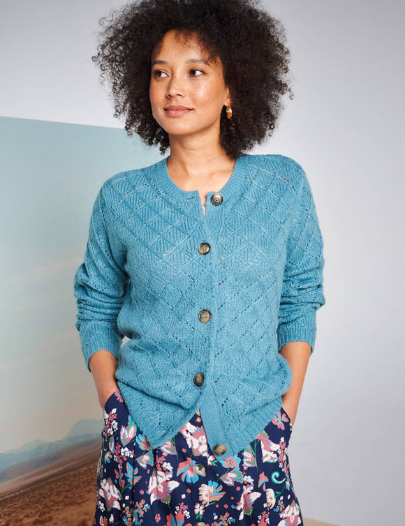 Gilet boutonné, maille ajourée toucher doux (bleu glacier)