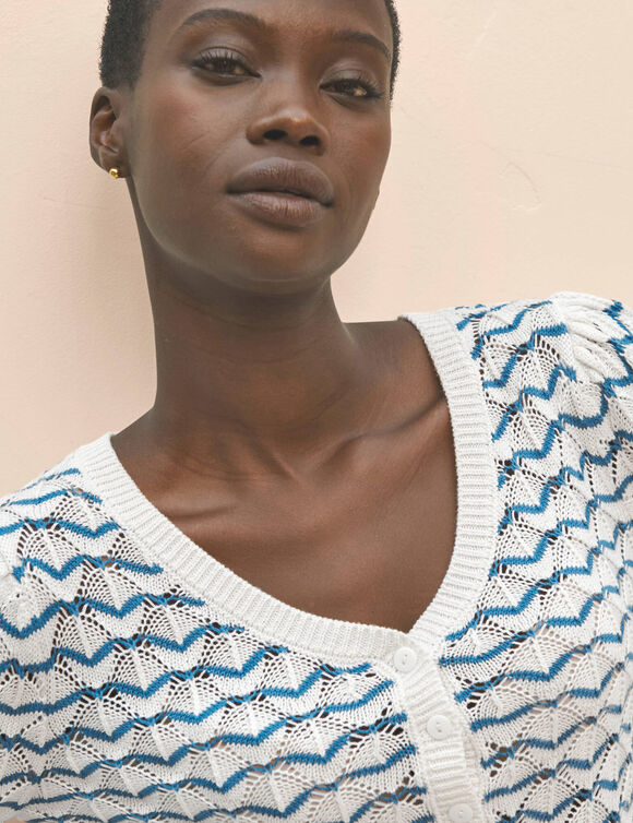 Pull col tunisien en maille fantaisie (blanc / bleu)