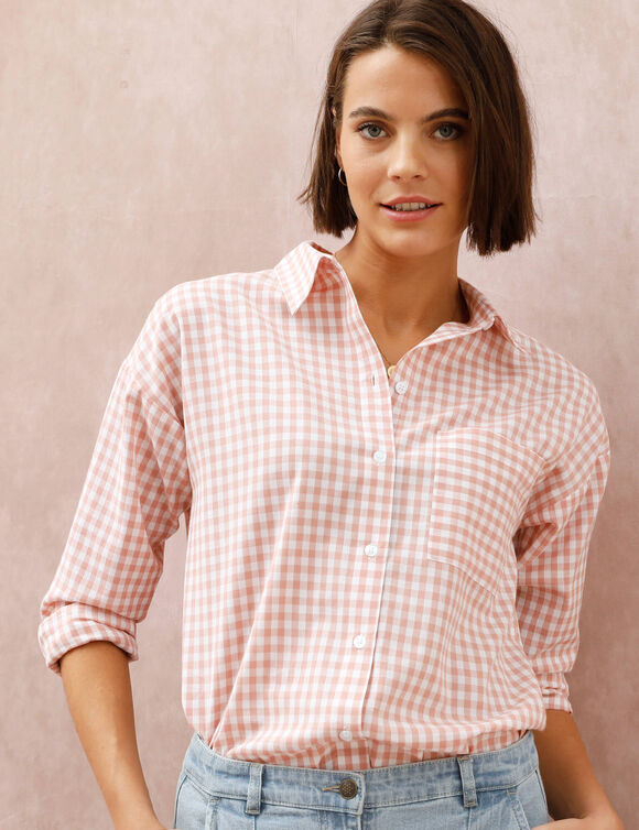 Chemise &agrave; carreaux vichy bicolore (rose gris&eacute; / blanc)