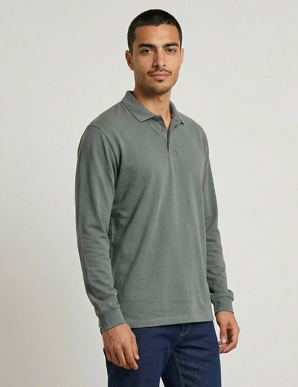 Polo uni maille piqu&eacute;e manches longues (vert gris&eacute;)