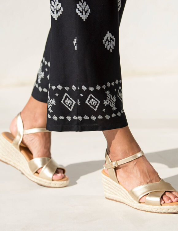 Pantalon large taille haute, viscose imprimée (noir / écru)