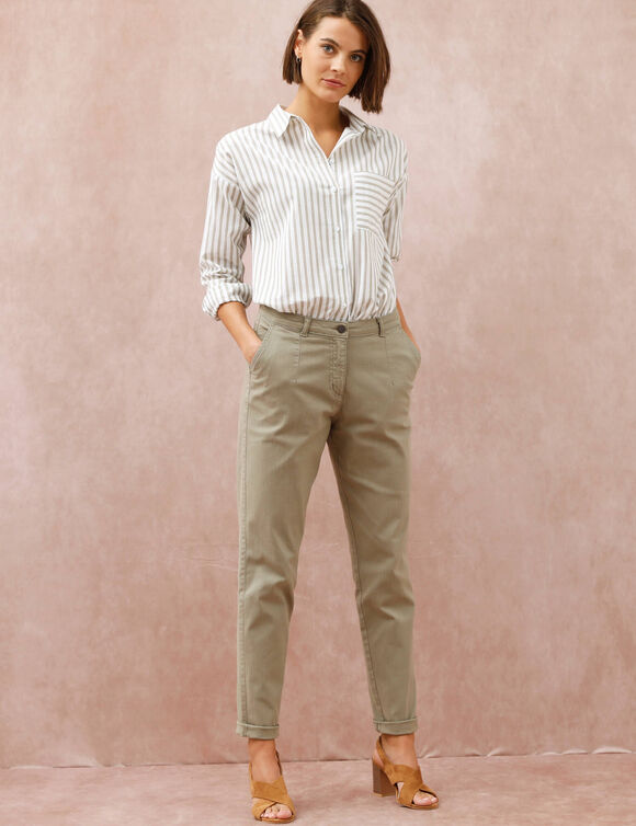 Pantalon coupe mom taille haute, stretch (kaki clair)