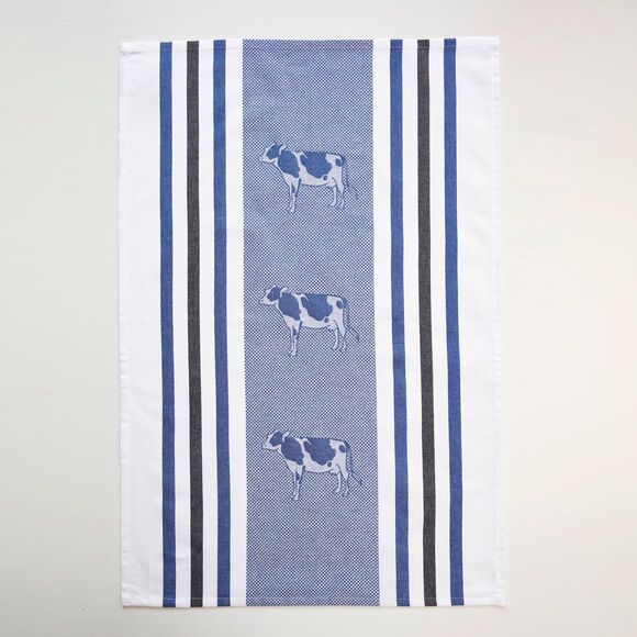 Torchons motif poule et vache - lot de 4 (bleu + gris)