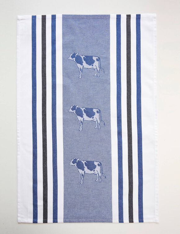 Droogdoeken met kip- en koemotief - set van 4 (blauw + grijs)