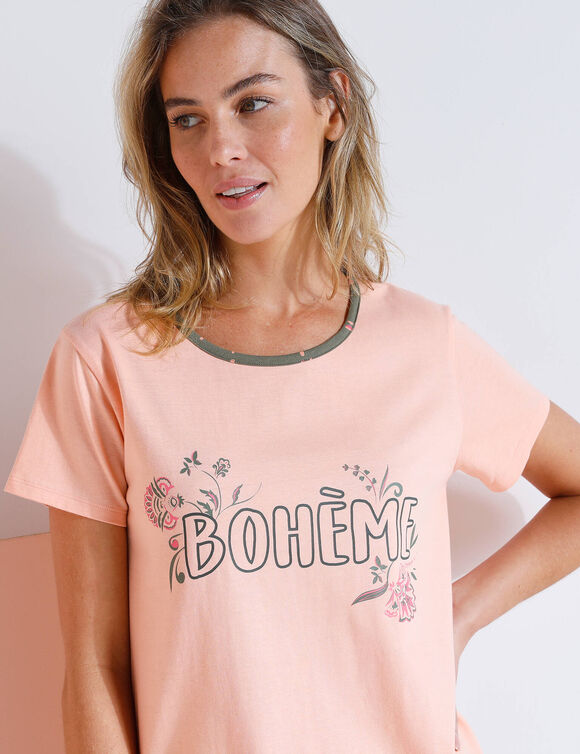 T-shirt manches courtes coton uni imprimé placé "Bohème"  (pêche)