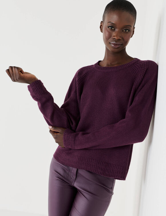 Pull col rond, maille fantaisie toucher doux (bordeaux)