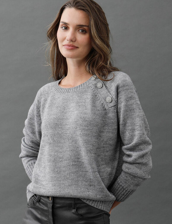 Pull &eacute;paule boutonn&eacute;e bijoux (gris chin&eacute;)