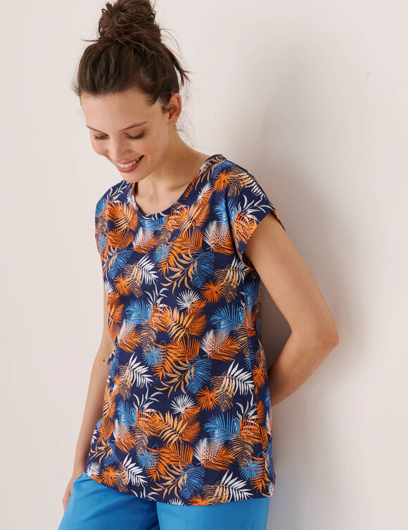 Pyjamashirt in katoen met korte mouwen - tropische print (marine / oranje)