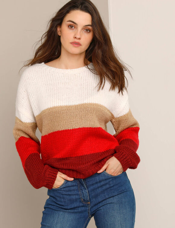 Gestreepte trui met ronde hals, mohairtouch (ecru / rood)
