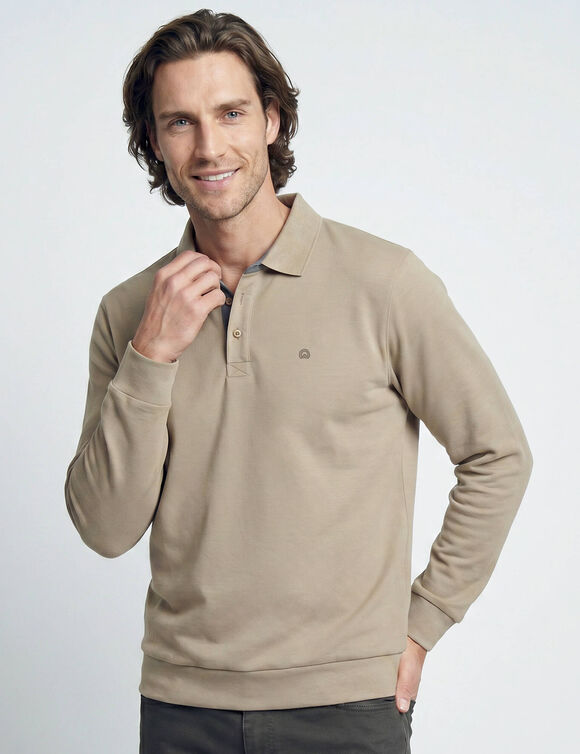 Sweat chaud col polo brod&eacute; poitrine maille c&ocirc;tel&eacute;e (beige)