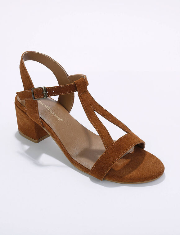 Leren sandalen met riempjes en hak, LWG-gecertificeerd (karamel)