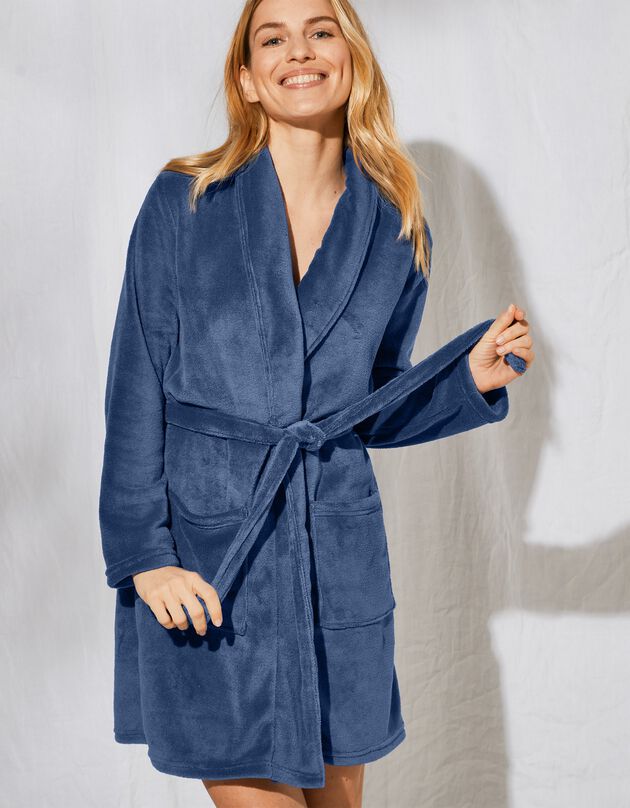 Effen peignoir in fleece met pluchetouch - 92 cm lang, lange mouwen (blauw)