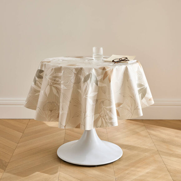Tafelzeil van gewaxte stof met ginkgo-print (beige)