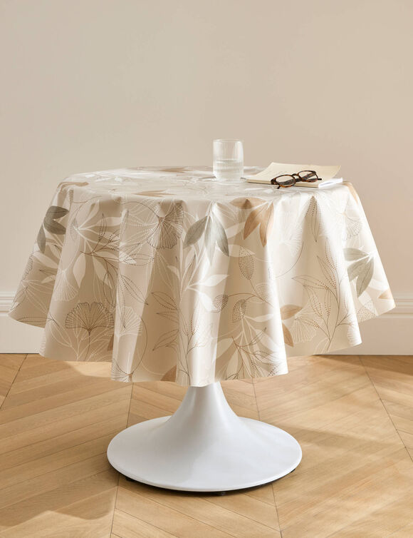 Nappe toile cir&eacute;e imprim&eacute; gingko (beige)