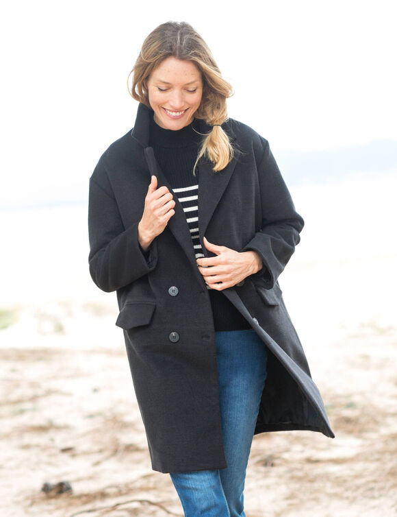 Manteau mi-long à col tailleur, boutonnage croisé (noir)