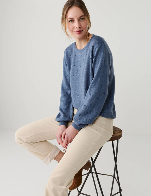 Pull col rond, maille pointelle toucher doux (bleu denim)