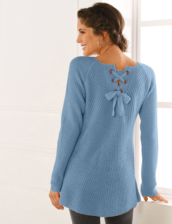 Trui met rijgwerk achter (grijsblauw)