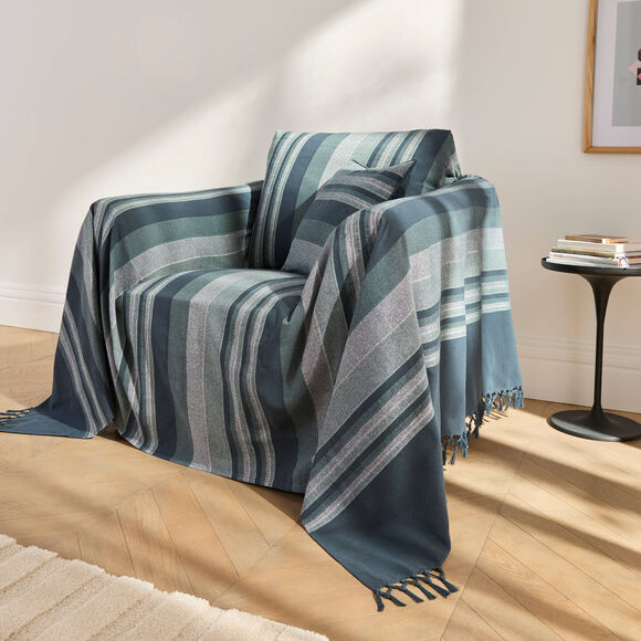 Plaid jet&eacute; multicolore coton tissage artisanal (bleu marine)