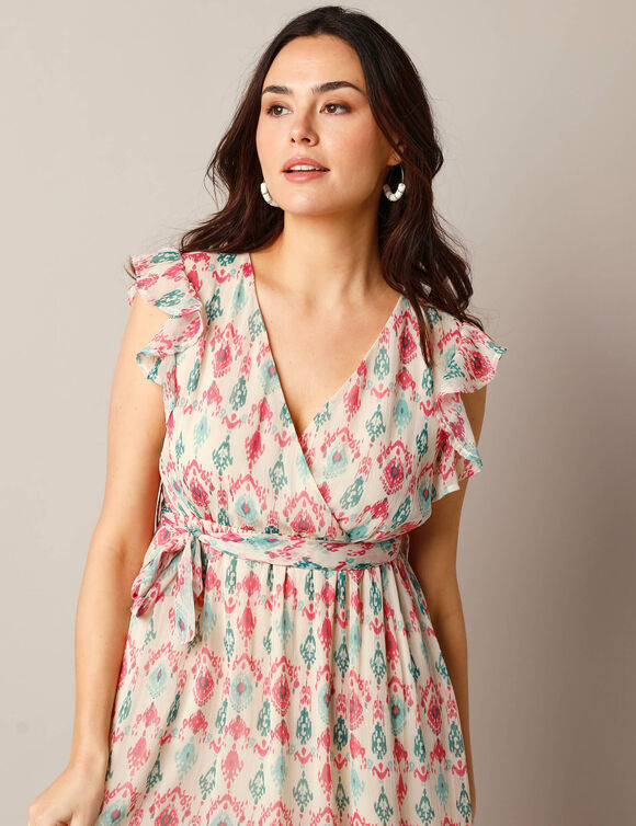 Robe effet cache-coeur, voile imprimé (rose / vert)