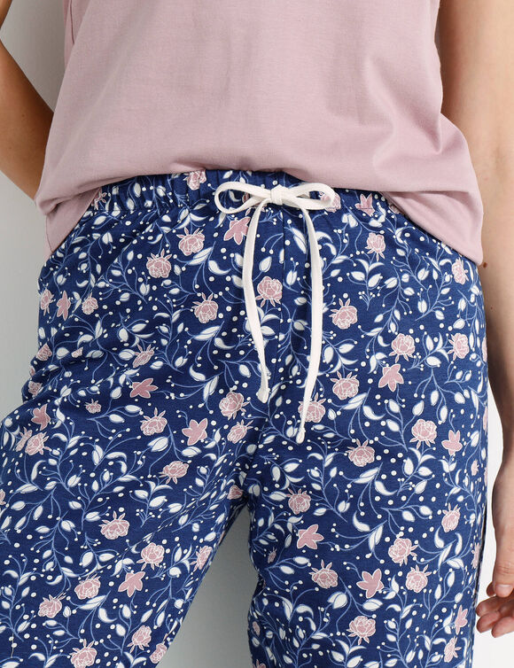 3/4-pyjamabroek in katoen met bloemenprint (marine / mauve)