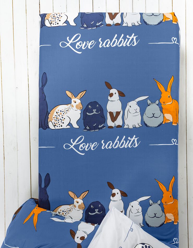 Linge de lit Rabbit en coton imprimé lapins (bleu)
