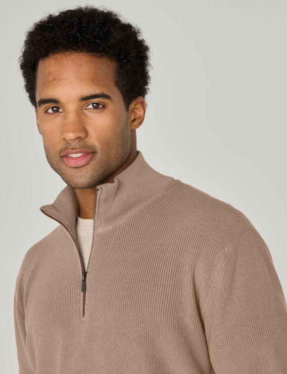 Pull col montant zipp&eacute; en maille perl&eacute;e (taupe)