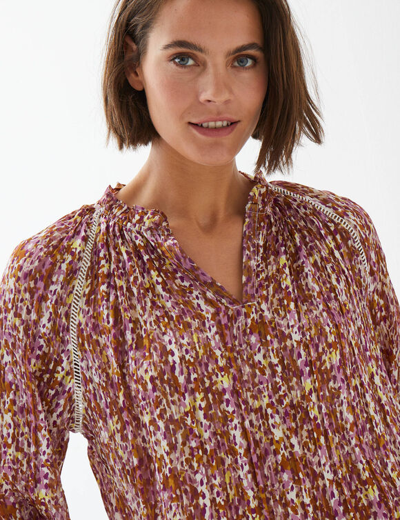 Blouse en voile imprim&eacute; tachiste (violet gris&eacute;)