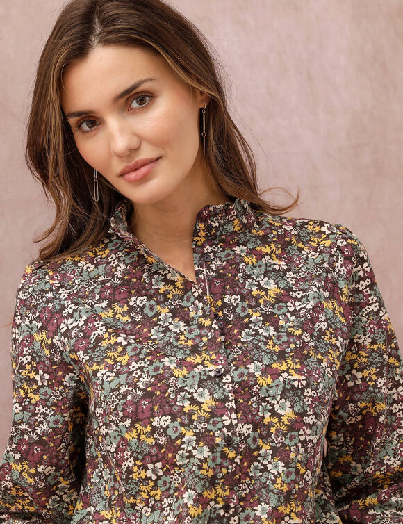 Chemise col officier volant&eacute;, manches longues, imprim&eacute; fleuri (chocolat / bordeaux)