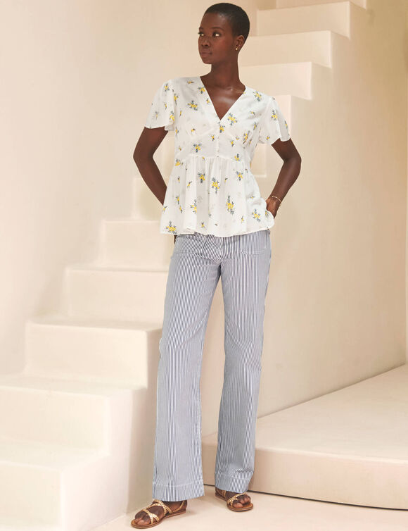 Pantalon large, imprim&eacute; ray&eacute; (blauw / wit)