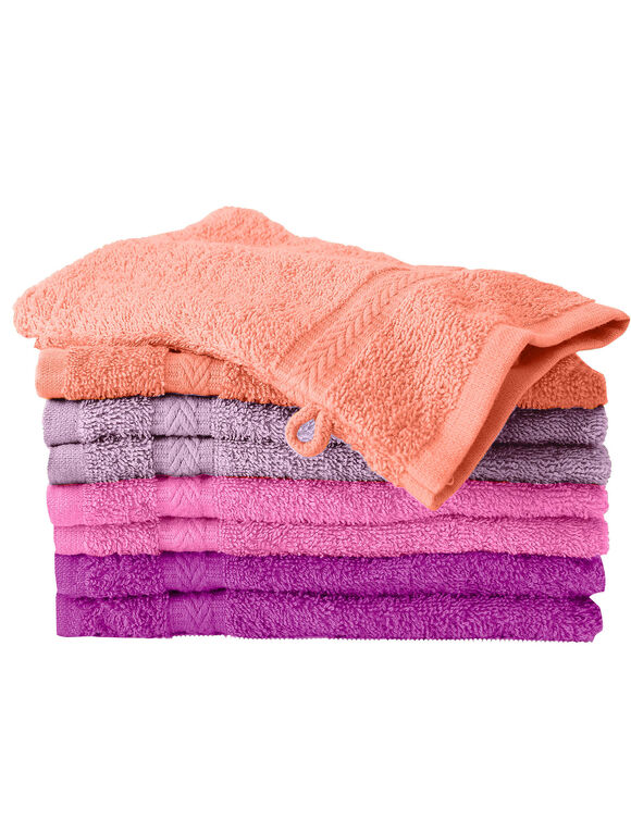 Gant de toilette cama&iuml;eu parme - lot de 8 (parme + fuchsia + bruyere + abricot)