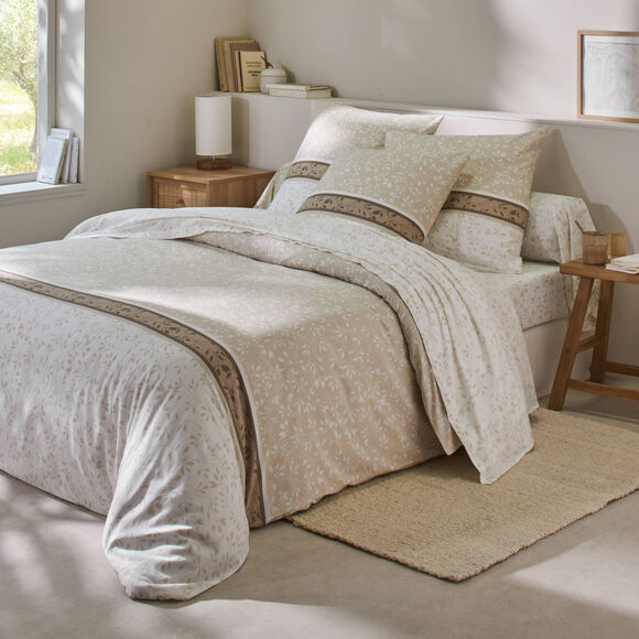 Linge de lit Constance en coton imprimé feuilles (sable)