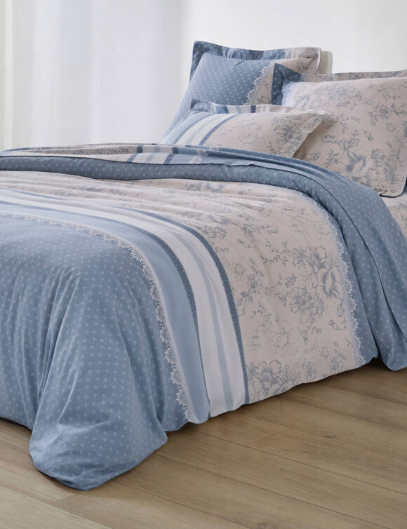 Gabrielle-beddengoed met stippenprint, bloemenprint en kantmotief &ndash; flanel 150 g/m&sup2; (grijsblauw)