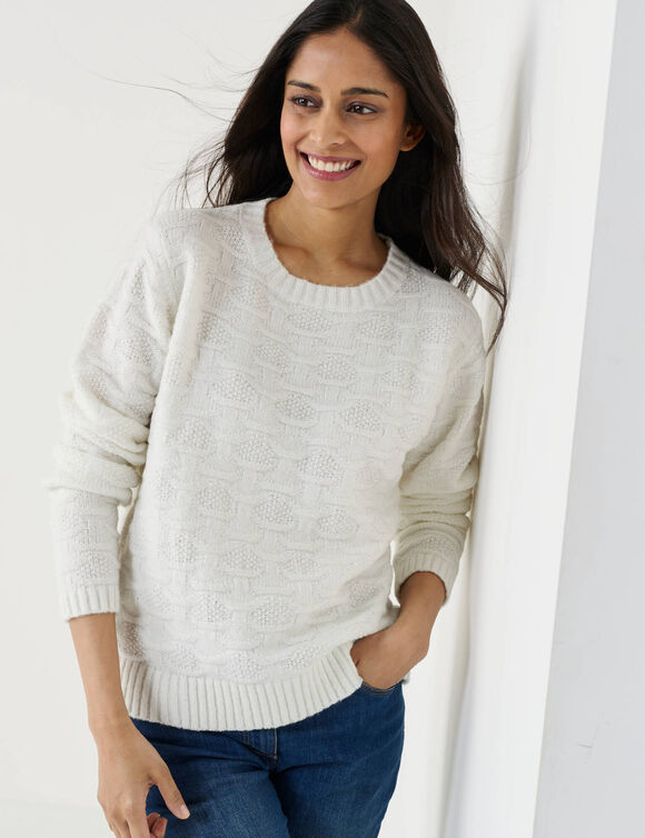 Pull col rond, maille fantaisie en laine m&eacute;lang&eacute;e (&eacute;cru)