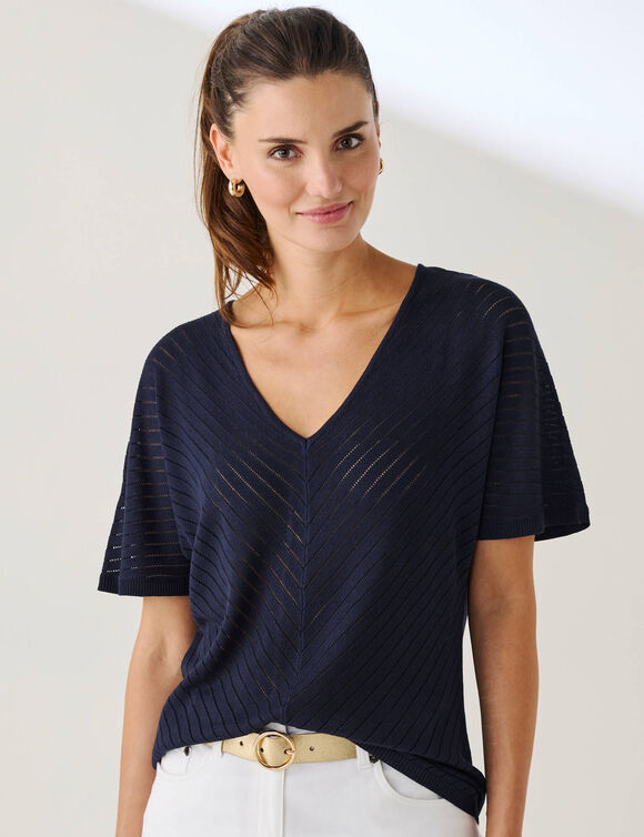 Pull manches courtes maille ajour&eacute;e effet chevron  (marine)