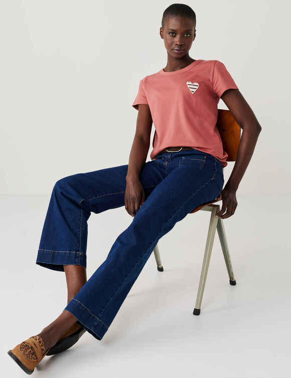 Effen T-shirt met 'hart' borduursel, korte mouwen (rozenhout)