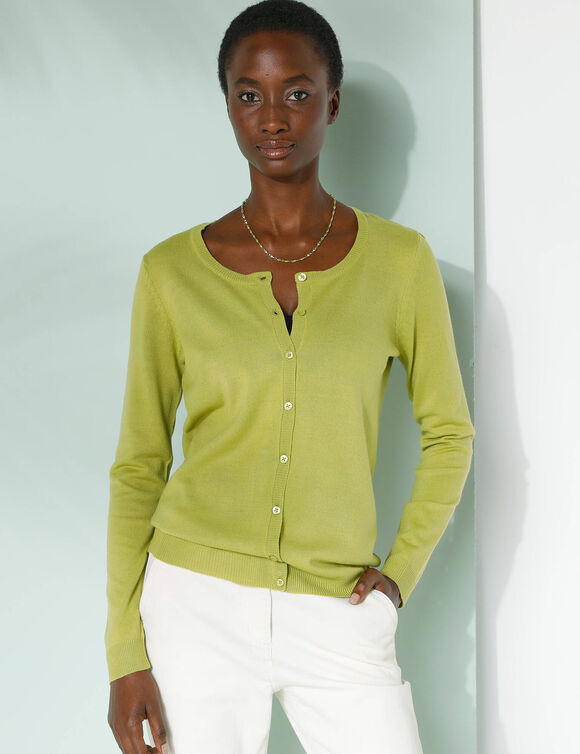 Cardigan boutonné col rond uni, toucher doux (vert mousse)