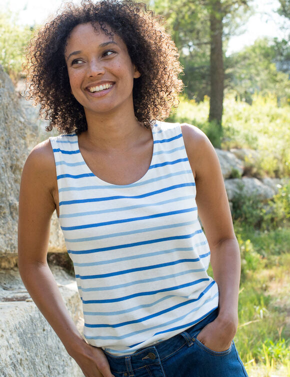 D&eacute;bardeur ray&eacute;, maille jersey (&eacute;cru / bleu)