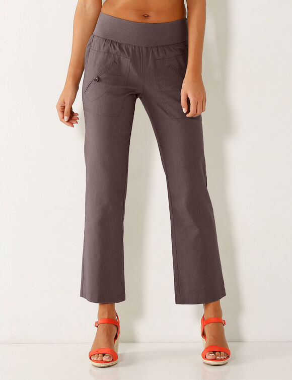 Pantalon coupe droite 7/8ème taille élastiquée, lin coton (marron glacé)