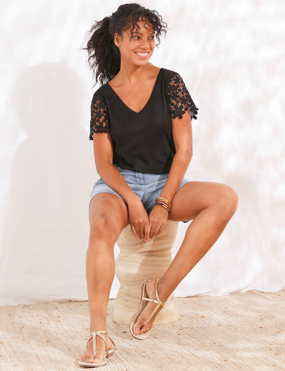 T-shirt manches courtes, macram&eacute; (noir)