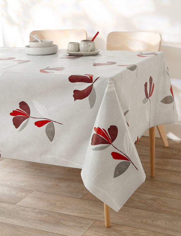 Tafellaken in toile cirée, bloemenprint (grijs / rood)