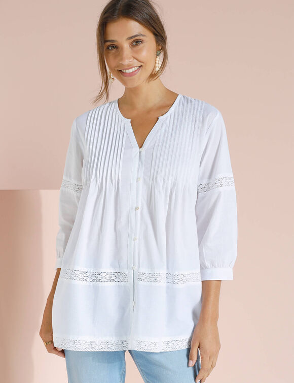 Tunique boutonnée à plis, macramé (blanc)