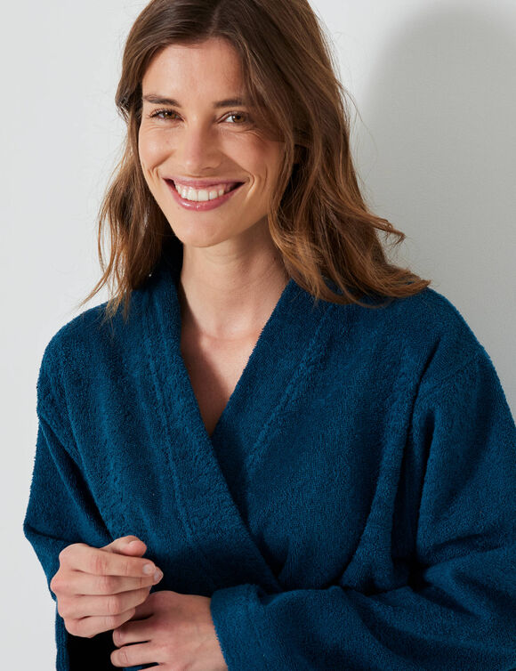 Peignoir court adulte col kimono éponge bouclette (bleu paon)