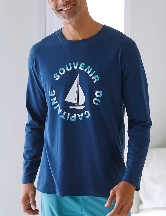 Pyjama-T-shirt met lange mouwen en bootmotief (marine / aqua)