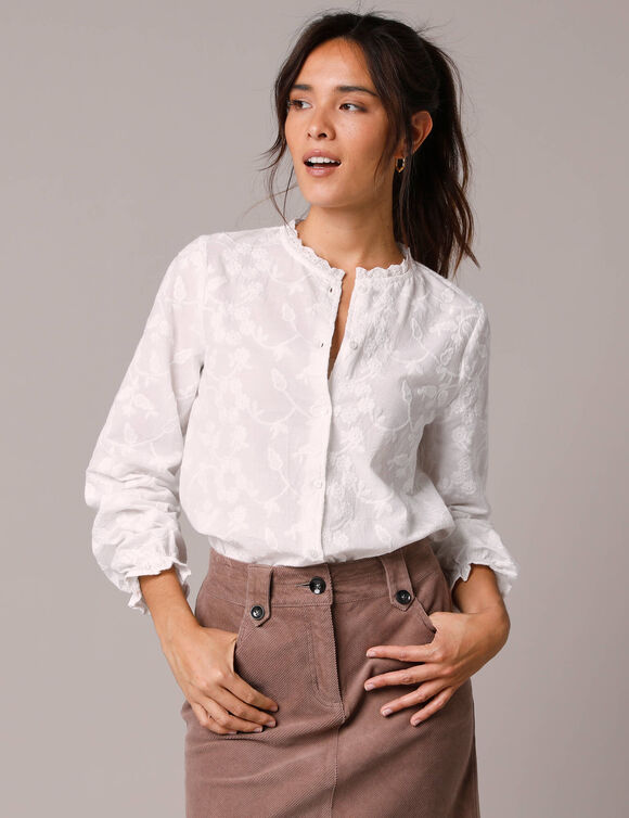 Chemisier brod&eacute; fleuri en coton  (blanc)